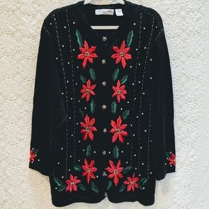 Victoria Jones Woman Christmas pointsetta cardigan